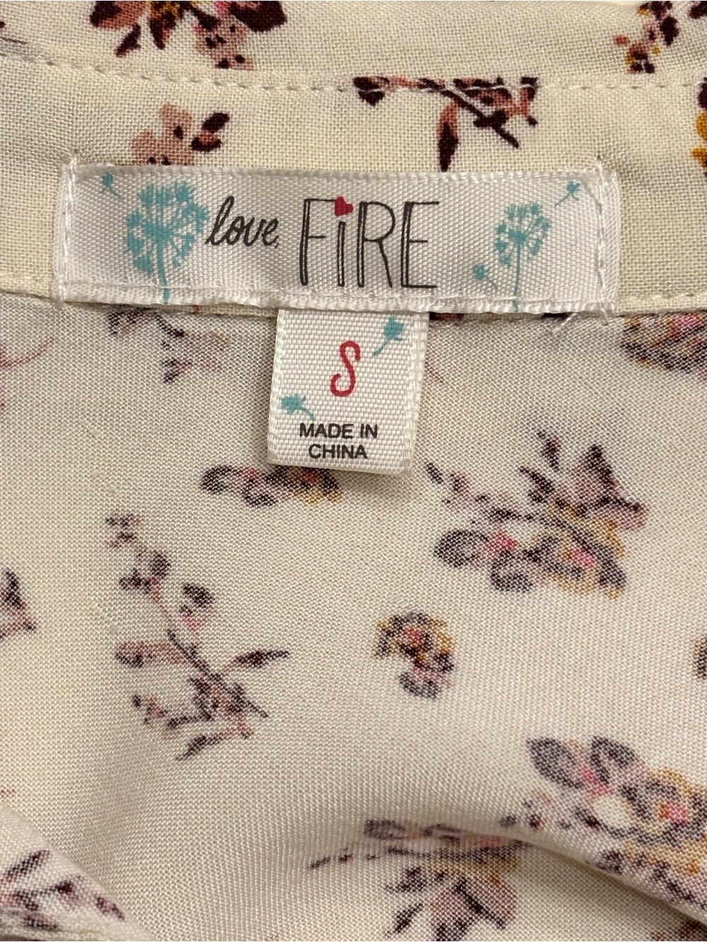 love Fire Cream Button-Down Shirt with Brown Floral Print size small - Picture 4 of 5